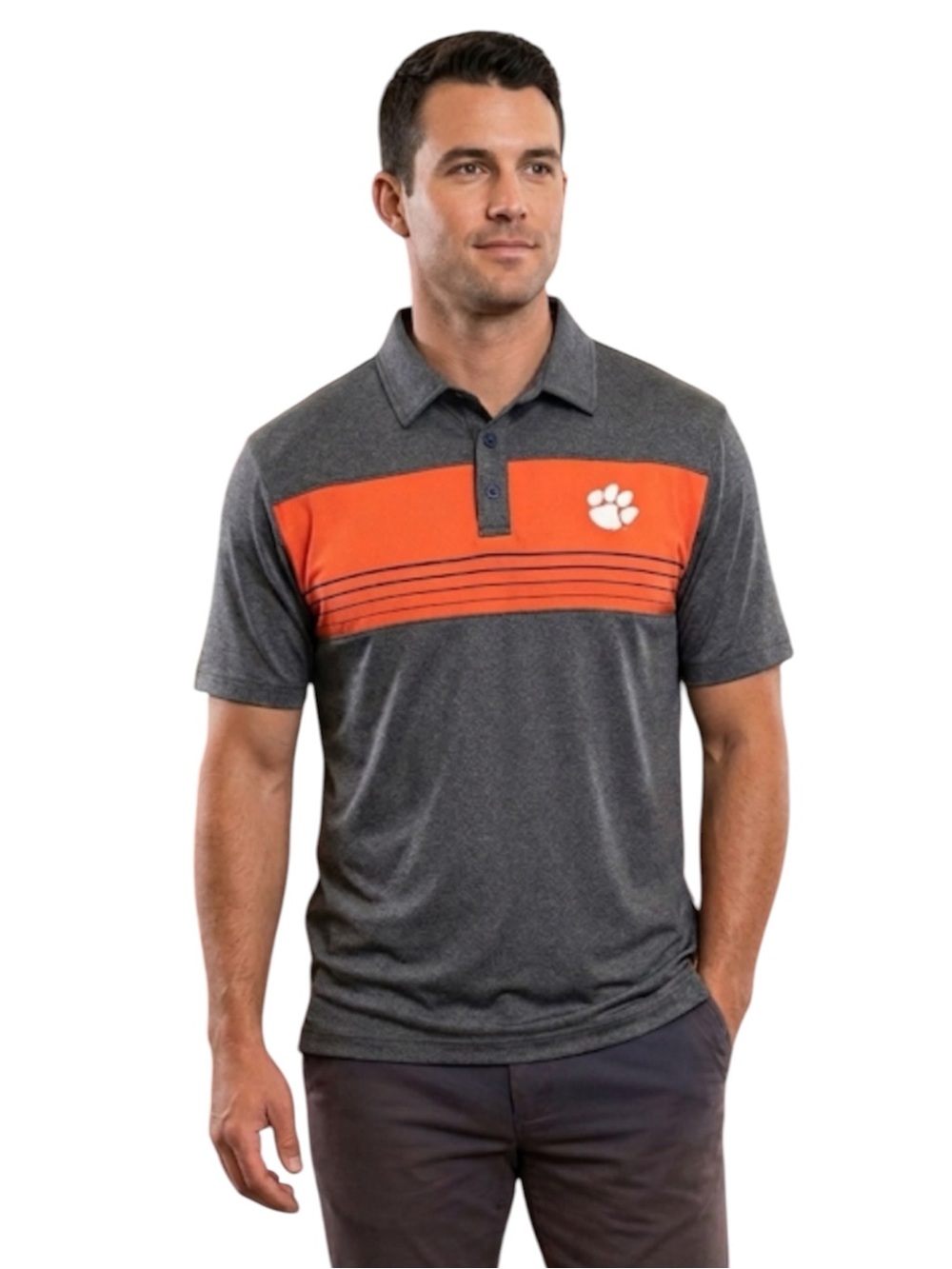 Colosseum Clemson Tigers Mens Polo L Gray Orange Striped NCAA Golf Shirt